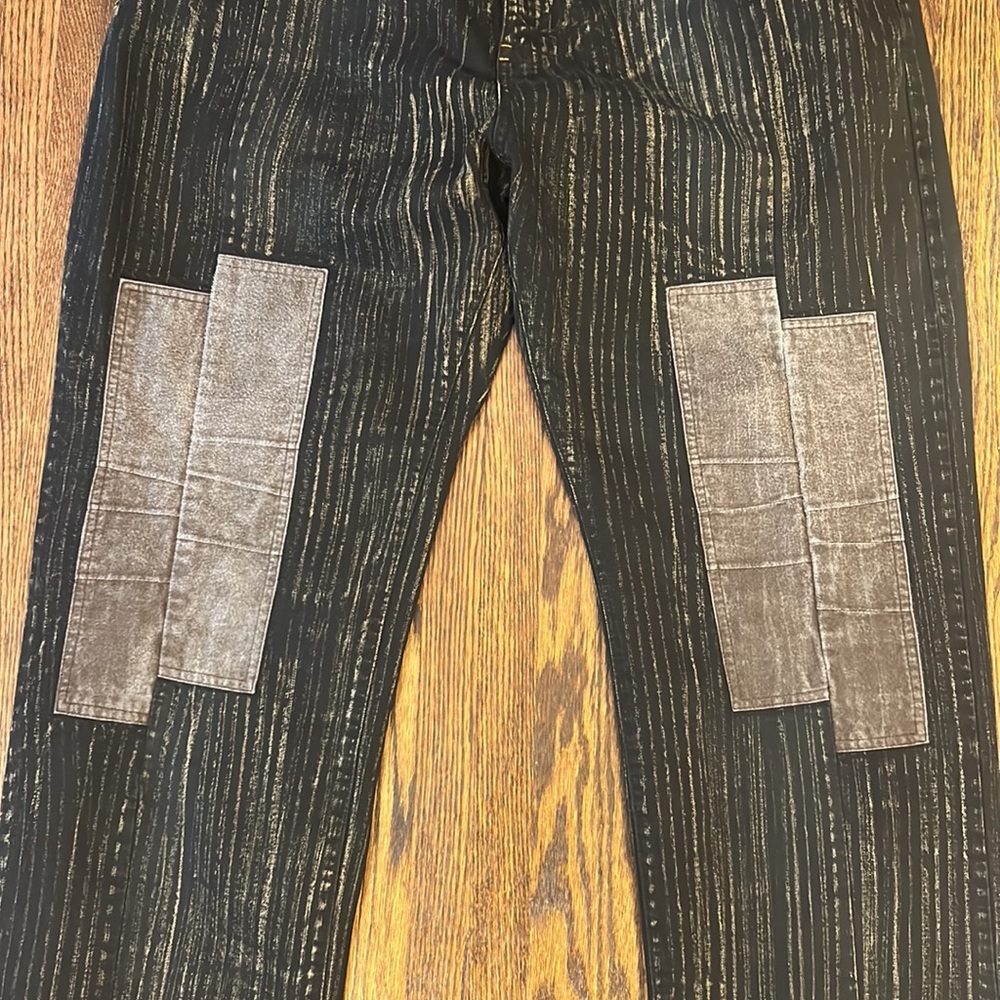 Men's Black Pinstripe Jeans with Gray Knee Patches - Picture 3 of 11